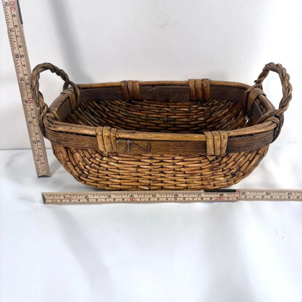 Vintage Chinese Woven Willow Basket Brown Woven Handles Wabi-Sabi